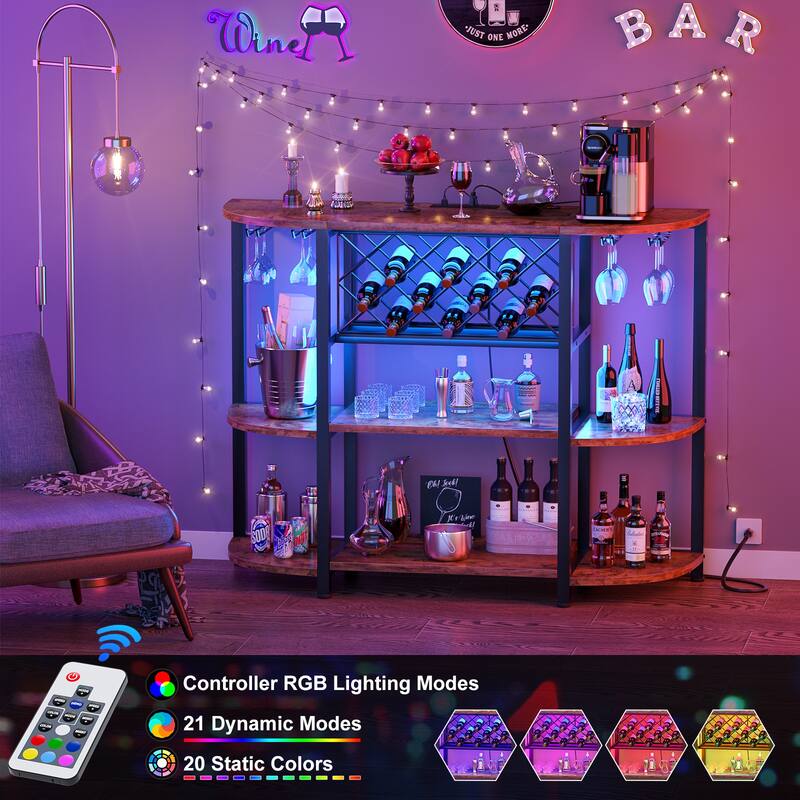 4-Tier Wine Bar Cabinet with Outlet and LED Light,Freestanding Bar Table with Glass Holder and Wine Storage