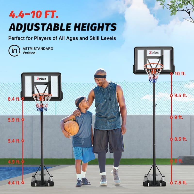 Zelus 4.4-10 ft. Adjustable Heights Portable Outdoor Basketball Hoop