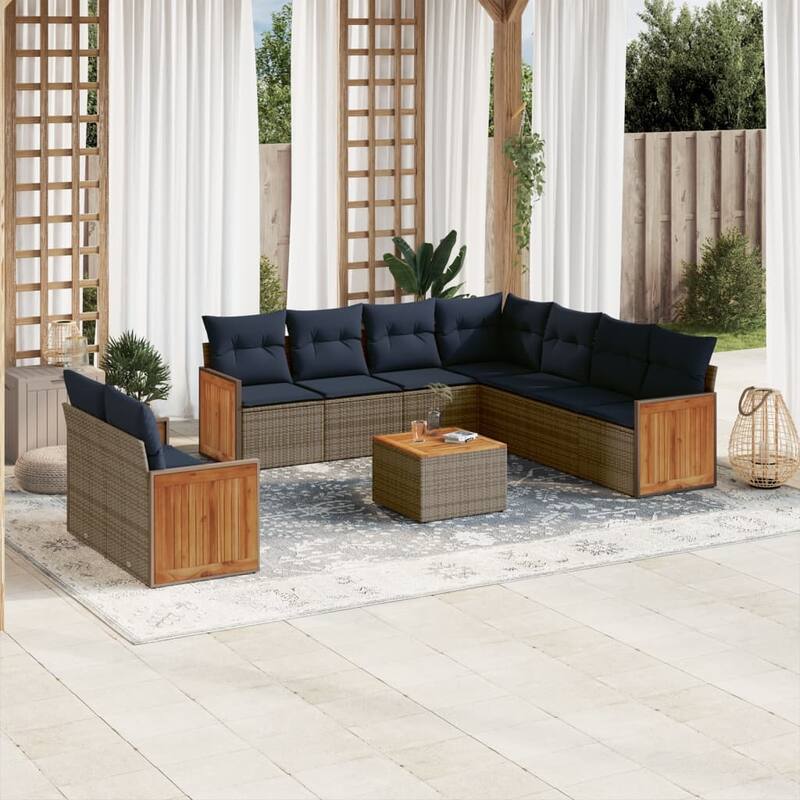 vidaXL 9/10 Piece Patio Sofa Set with Cushions Black/Gray Poly Rattan - 21.7 x 24.4 x 27.2 - Gray With table