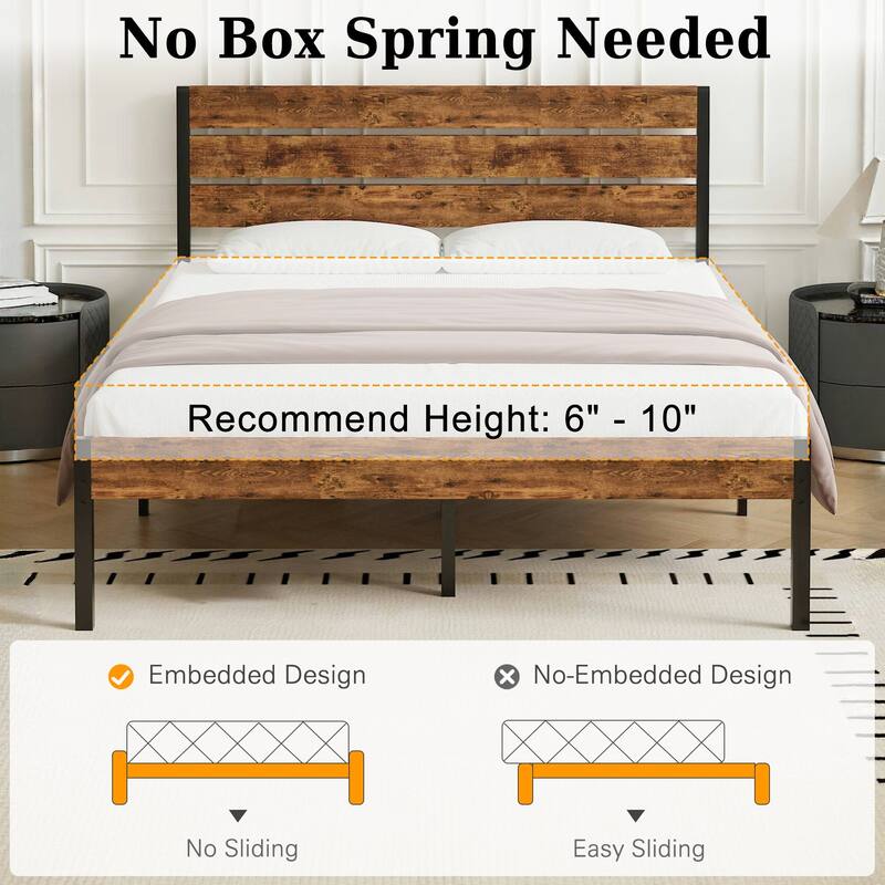 VECELO Industrial Wood Bed Frame with Headboard Twin Size Beds/Full Size Beds/Queen Size Beds