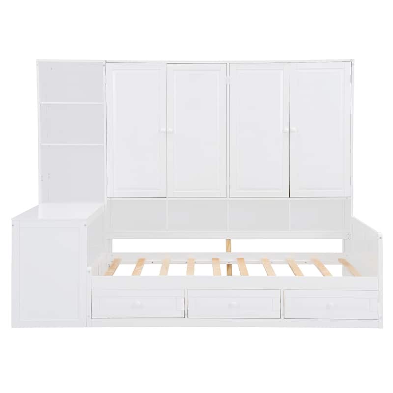 Twin Size Wooden Daybed with Three Drawers, All-in-One Cabinet, Desk, and Shelves,White