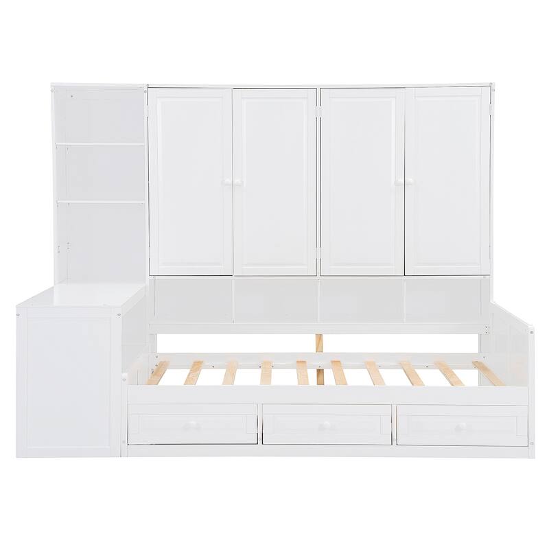 Wooden Daybed Frame All-in-One Bookcase Captains Bed with Storage Cabinet, Wardrobe, Side Writing Desk and 3 Bottom Drawers