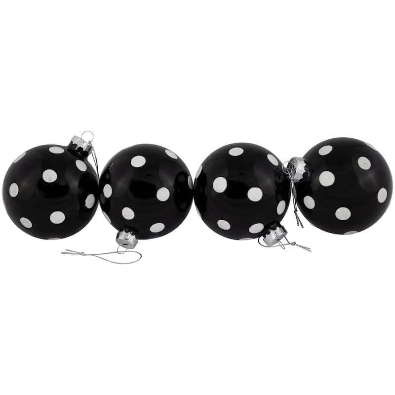 Set of 4 Black White Polka Dots Christmas Glass Ball Ornaments 3" 80mm