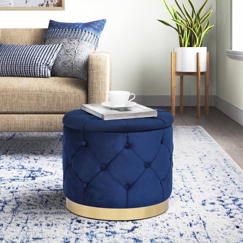 Adeco Round Velvet Storage Ottoman Multi-Function Vanity Footstool