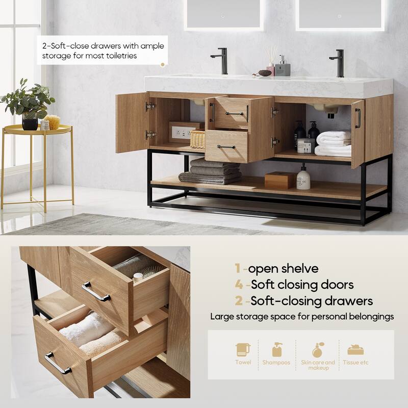 Alistair 60" Double Vanity with White Grain Stone Top without Mirror