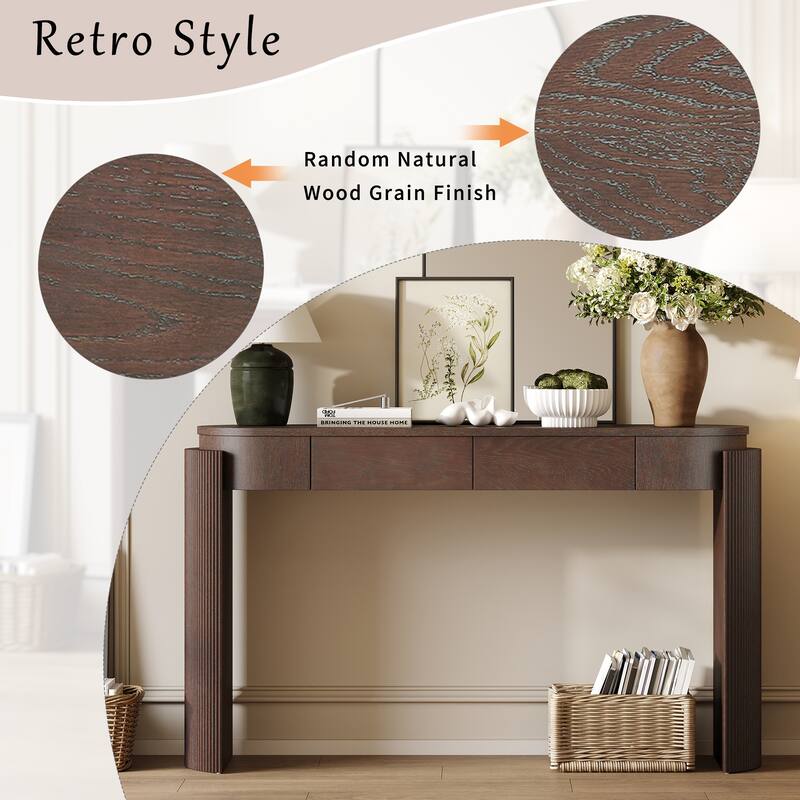 Entryway Table with Natural Wood Grain Finish, Console Table with Fluted Design, Oval Top and 2 Drawers