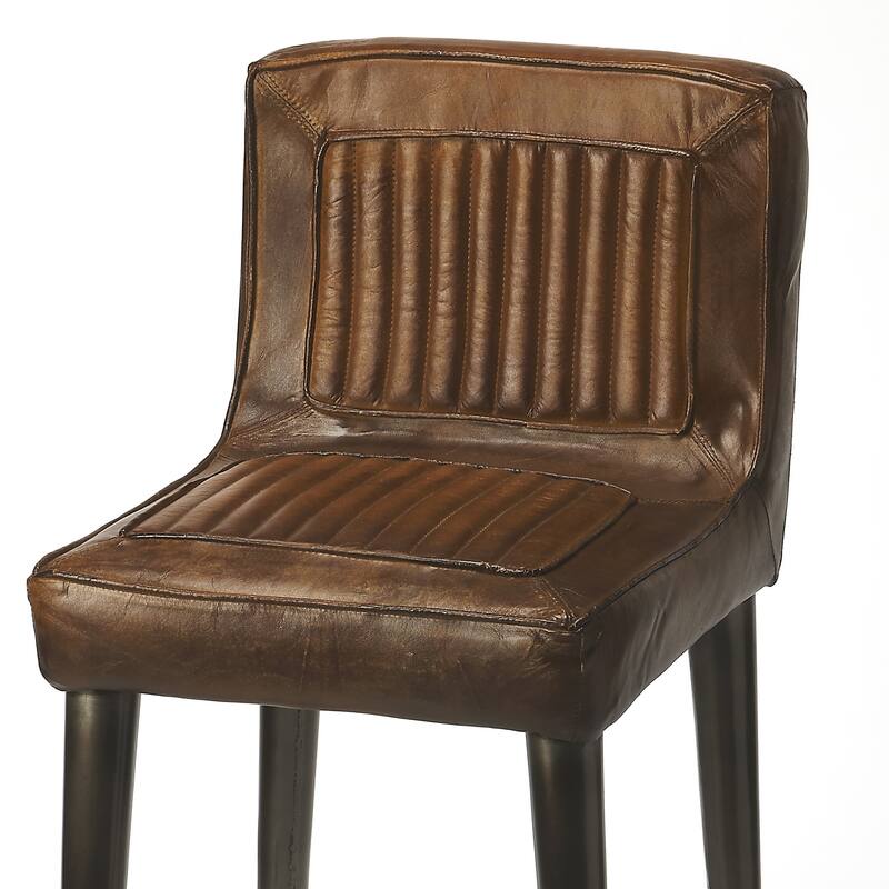 Maxwell 32 in. Seat Height Leather and Iron Bar Height Stool with Back