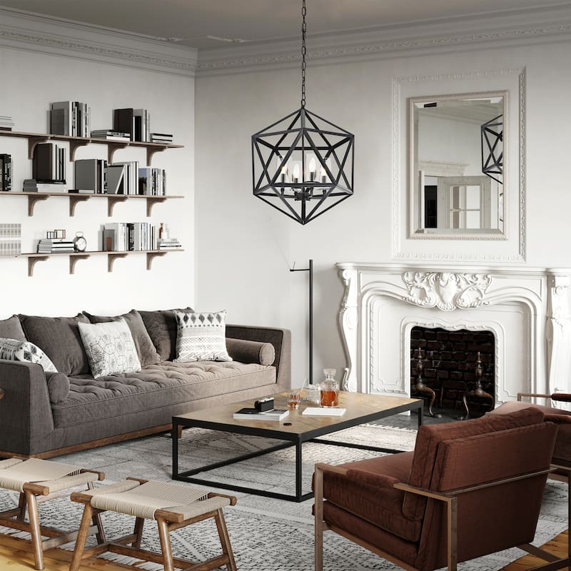 Antique Black 4-Light Geometric Cage Chandelier