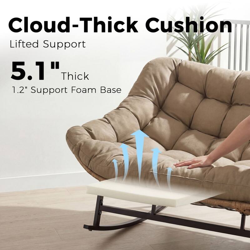 60" Double Papasan Rocking Chair for 2, 700-lb Capacity Wicker Egg Rocker with 5.1" Thick Cushion