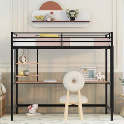 Metal High Loft Bed with Wooden Desk and Shelves, Heavy Duty Twin Size Metal Loftbed Frame with Ladder and Guardrail