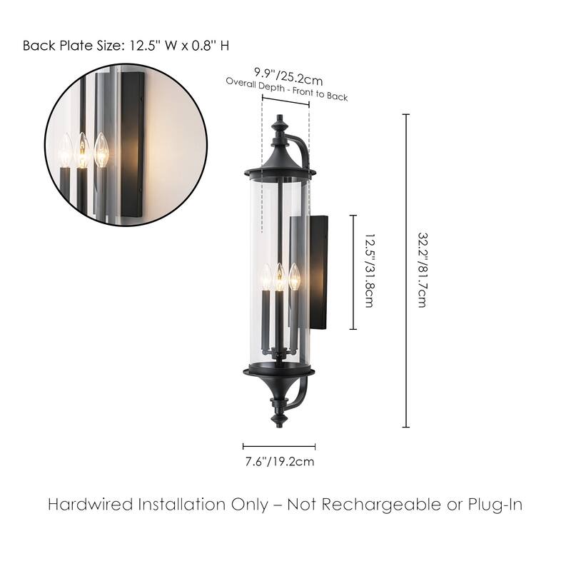 32.7" H 3-Light Industial Black Outdoor Hardwired Wall Lantern Sconce with Cylindrical Clear Glass for Home Outside