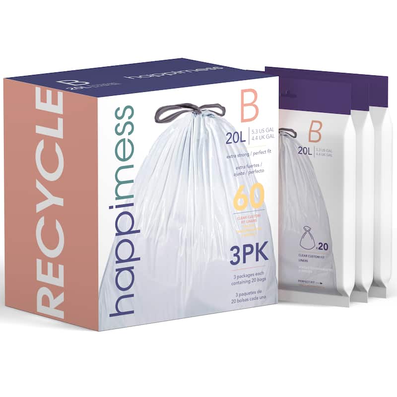 happimess 5.3-Gal (20L) Drawstring Trash Can Liner, Clear (3-Packs, 60Count) - Clear - Unscented - 5.3 Gal