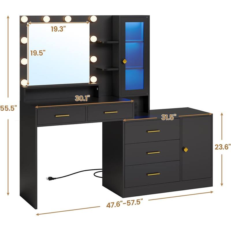 Makeup Vanity Desk Light Bulbs & RGB Cabinets Drawers Storage Shelves