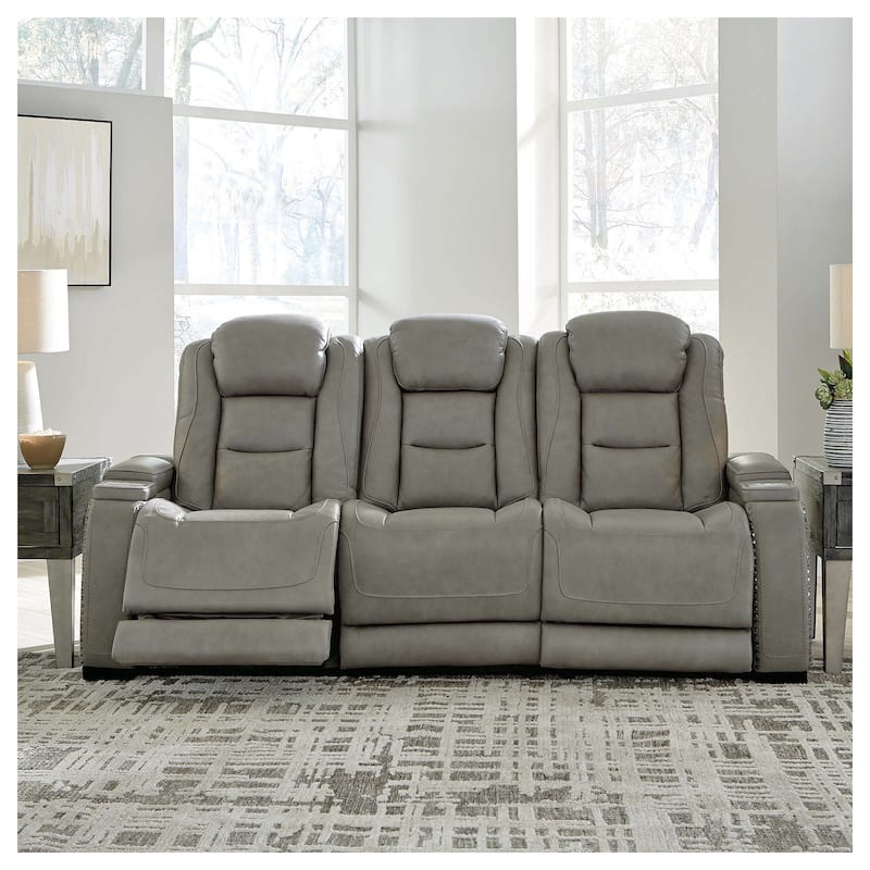 Signature Design by Ashley Man-Den Leather Power Adjustable Dual Reclining Sofa - 85" W x 40" D x 43" H - Grey