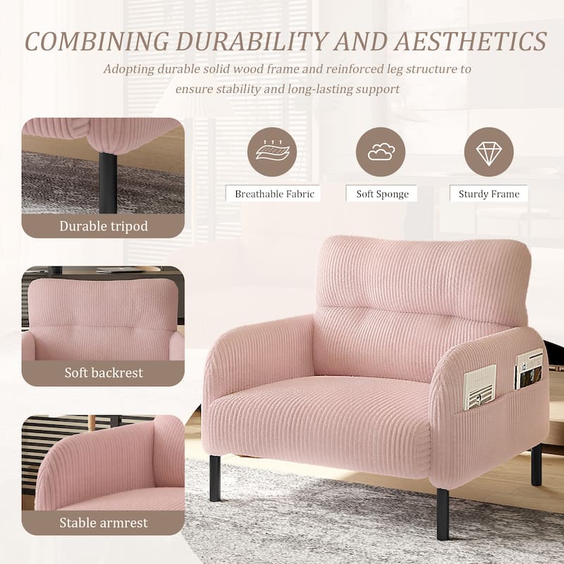 Corduroy Upholstered Single Sofa Chair, Lounge Reading Chair with Side Pockets, Armchair with Solid Wood Frame