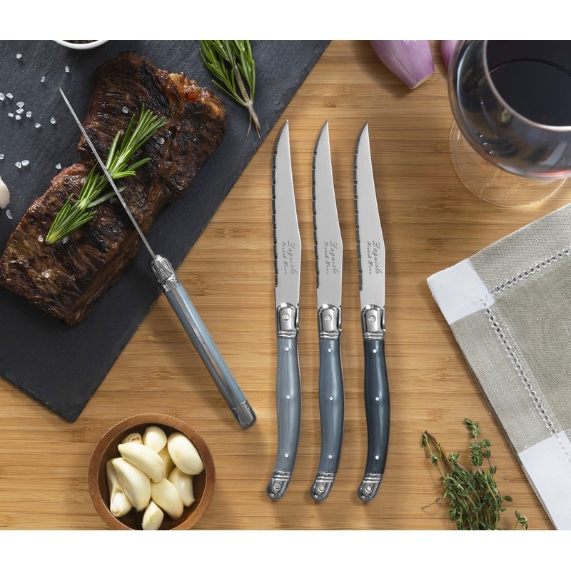 French Home Set of 4 Laguiole Steak Knives, Shades of Grey - Silver