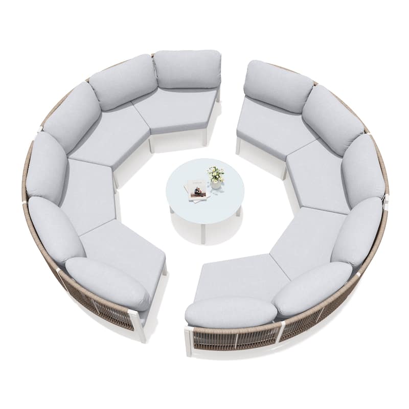 Outdoor All-Weather Aluminum Half Moon Curved Sofa Rattan Sectional Sofa Deep Seating Patio Outdoor Conversation Sets