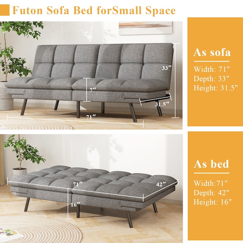 Futon Sofa Bed, Memory Foam Foldable Couch Convertible Loveseat Sleeper Daybed with Adjustable Armrests for Small Space