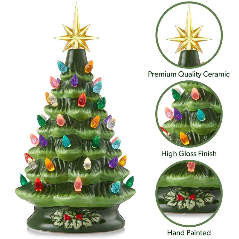 12in Hand Painted Ceramic Christmas Tree PreLit Tree with Star