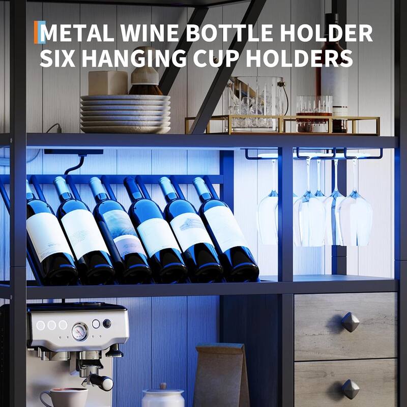 Farmhouse Bar Cabinet with Wine Rack,Bakers Rack with Power Outlet and LED Light