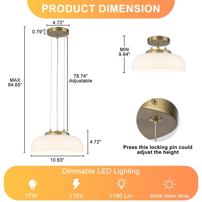 Single Light LED Pendant with Milky White Glass Shade Dimmable Modern