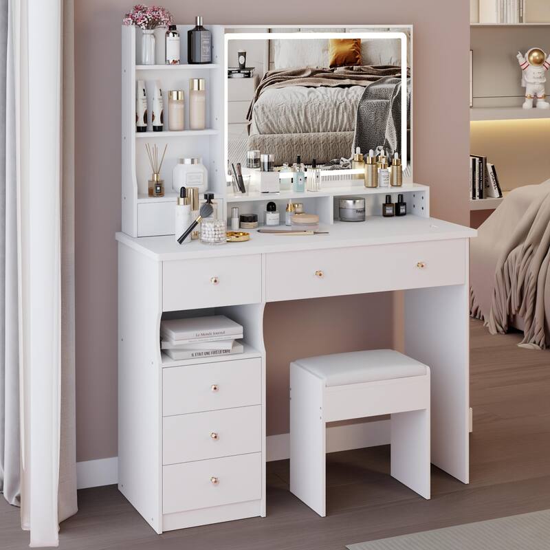 41"Large Size Left Drawer Desktop Vanity Table+Cushioned Stool, Extra Large LED Mirror, Multi Layer High Capacity Dresser