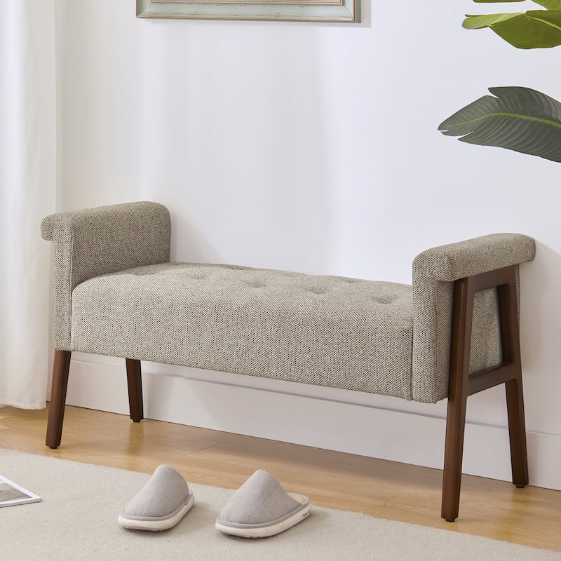 Modern Fabric Upholstered Entryway Storage Bench with Wooden Legs and Armrests