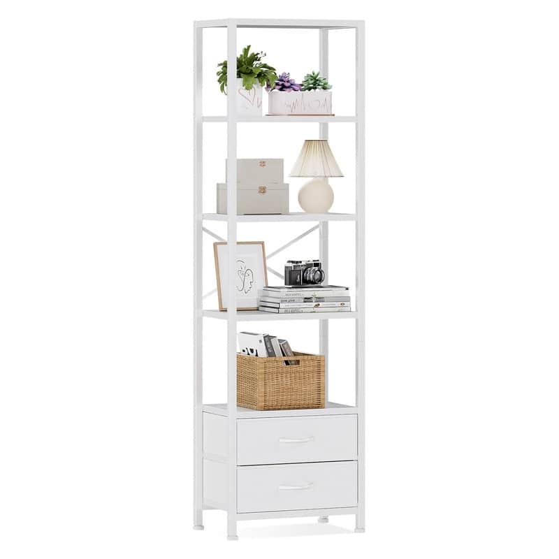 4-Tier Corner Shelf, Bookshelf with 2 Storage Drawers