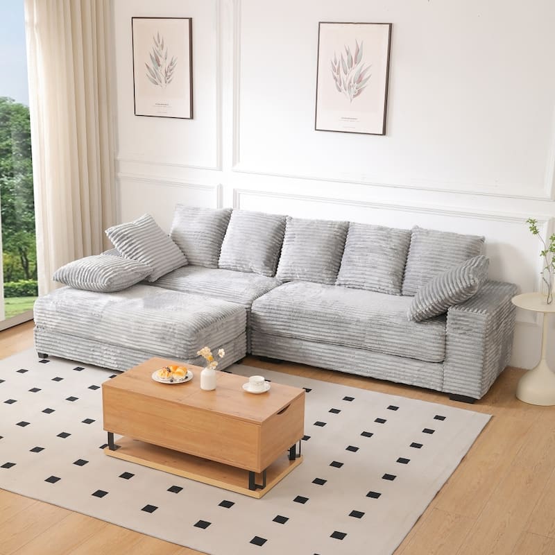 108.66" Thickened Corduroy Sectional Sofa with Storage Ottoman & Throw Pillows