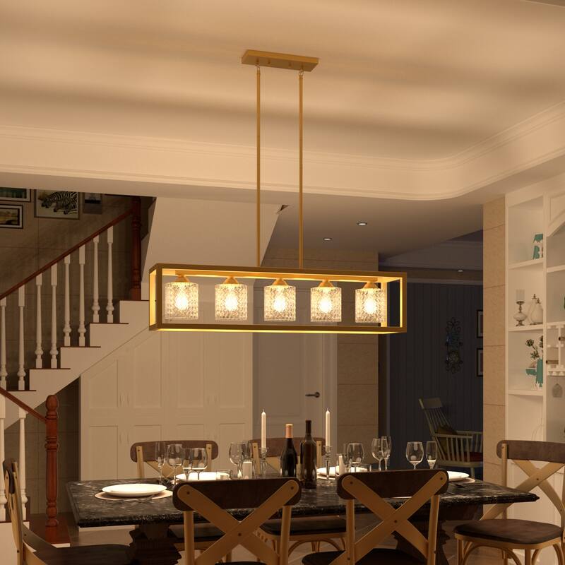 Mid-century Modern 5-light Gold Rectangle Dining Room Chandelier with Crystal Glass - UL - 37 inches