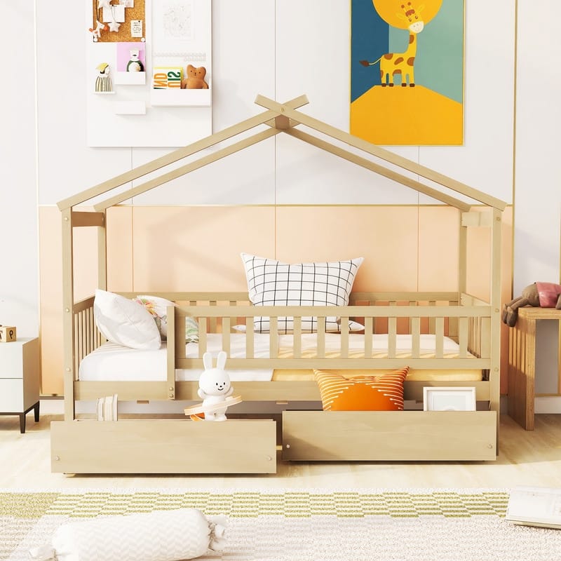 Twin House Bed with 2 Storage Drawers,Rails and Roof for Kids - Natural