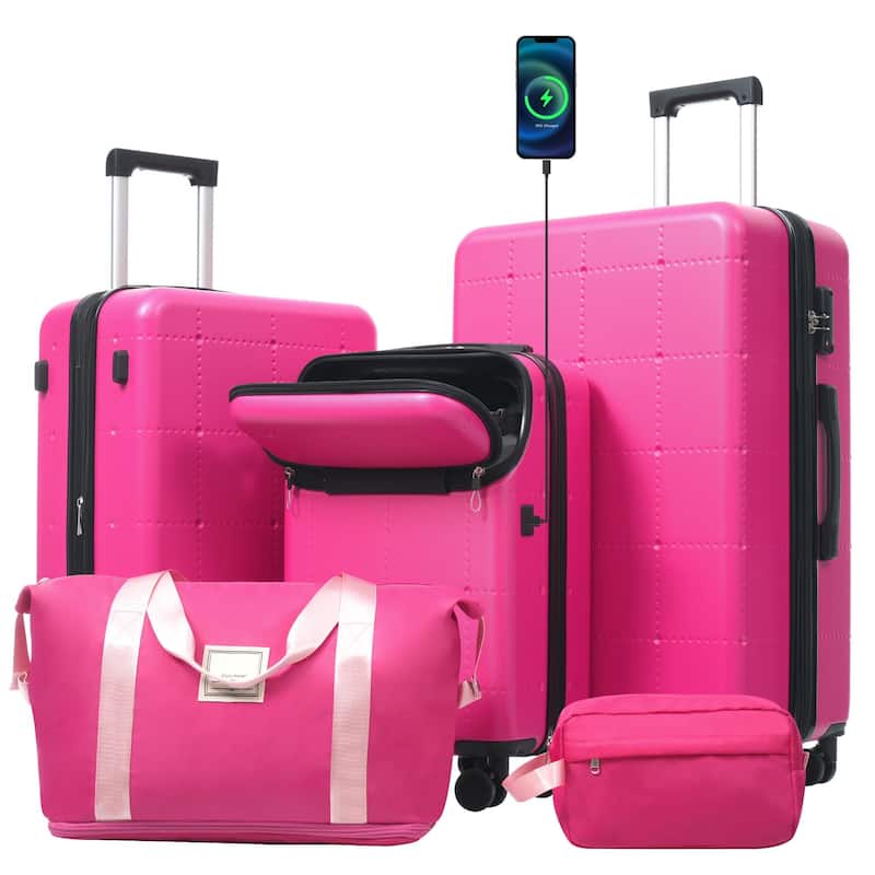 Hardside Luggage Set 5 Piece with Bags, 20IN Half-opening Carry on Luggage with USB Port, 24IN 28IN Luggage with Double Wheels - Pink