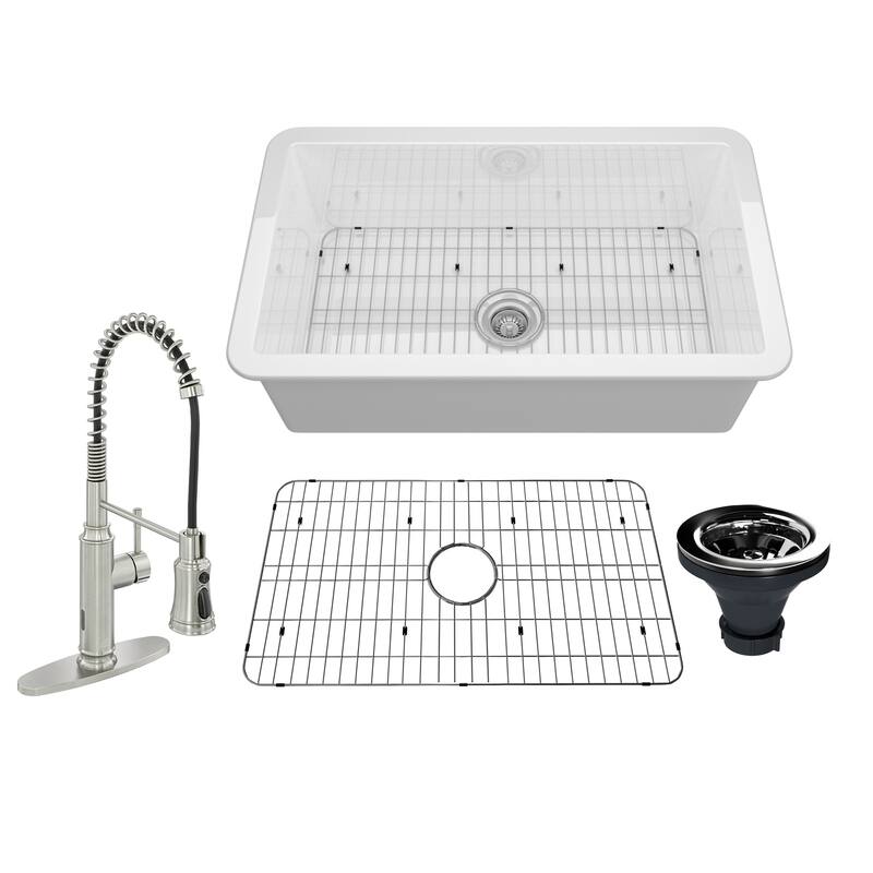 CASAINC All-in-One Undermount Single Bowl Fireclay Kitchen Sink with Pull Down Sprayer Kitchen Faucet, Bottom Grid, and Strainer