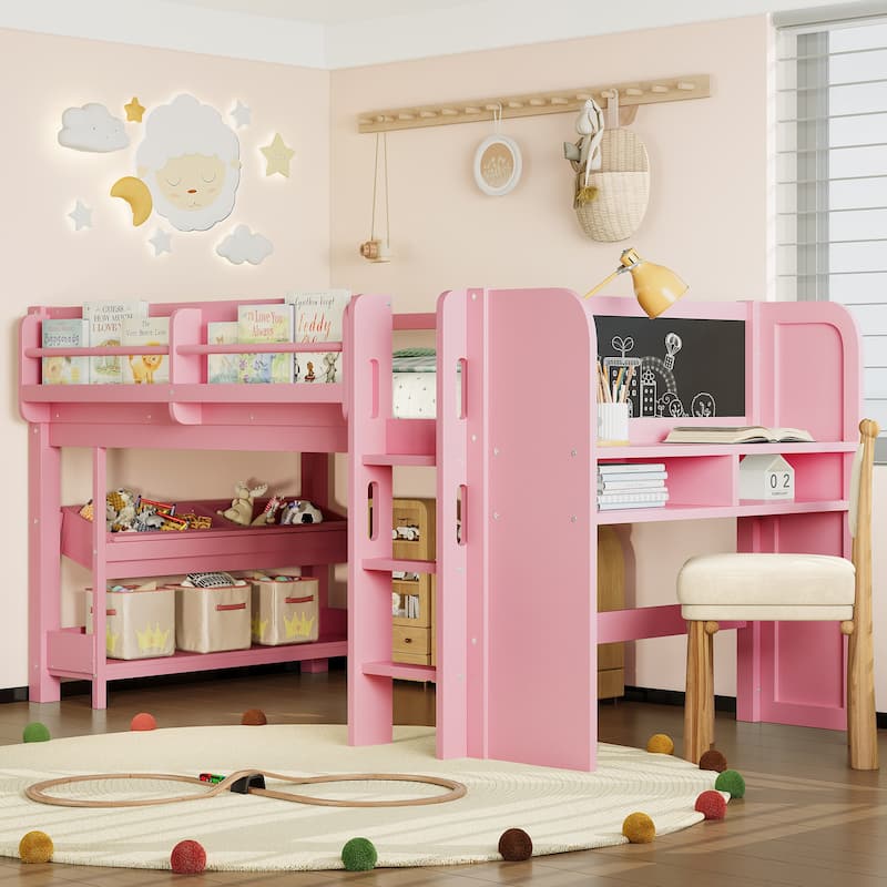 Twin Loft Bed with Multi-storage Bookcases, Boxes and Drawers, Solid Wood Low Loft Beds with Desk and Blackboard - Pink