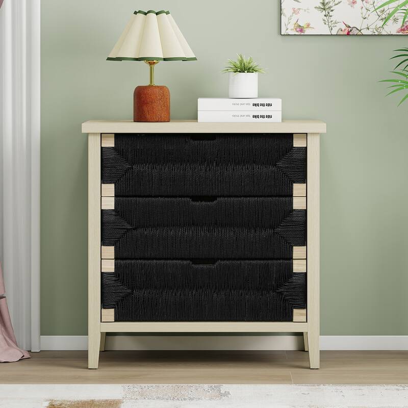 GDFStudio - Modern Woven Rope Drawer Buffet Sideboard with Adjustable Shelves - Natural