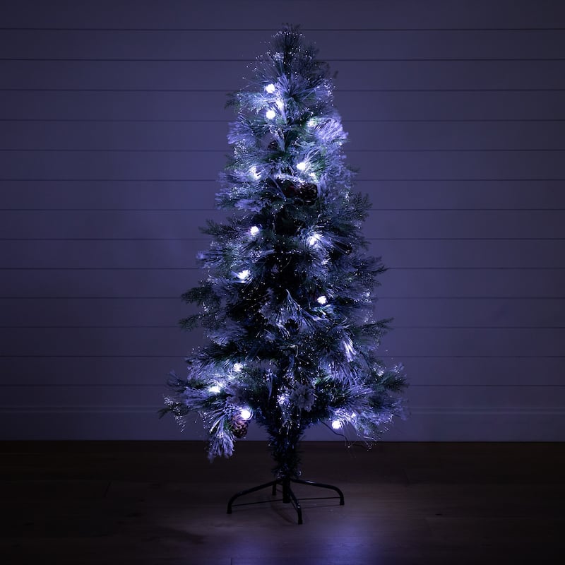 5ft. Flocked Pre-Lit Fiber Optic Artificial Pinecone and Berries Christmas Tree with 48 White LED Lights - Sparkling X-Mas Tree