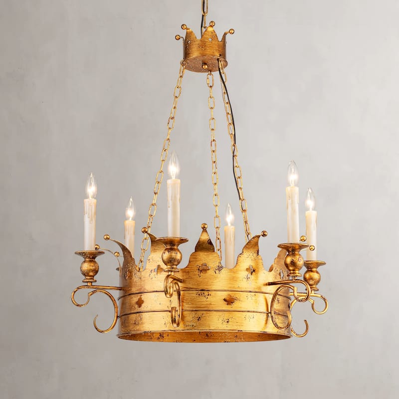 6-Light Luxury Retro Antique Gold Crown Metal Hanging Light Chandelier for Hallways,Living Room