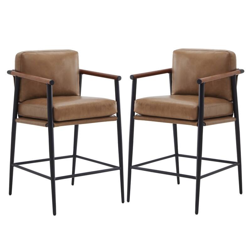 Chris Modern Counter Stools Set with Metal & Wood - Set of 2 - Saddle Brown-Faux Leather