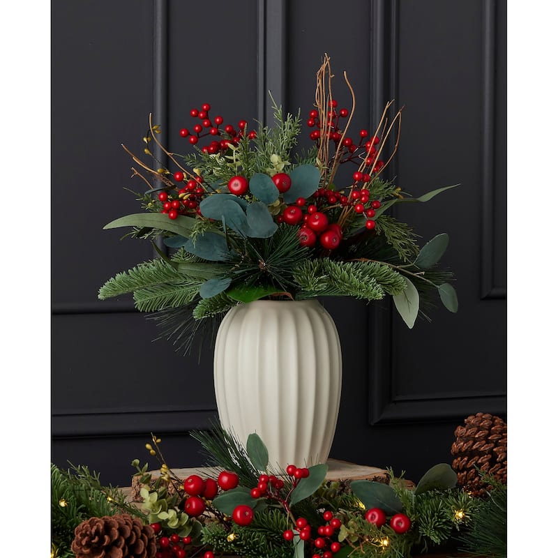 Magnolia Leaf, Eucalyptus, and Berry 19in Arrangement in Ceramic Pot