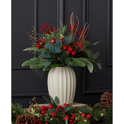 Magnolia Leaf, Eucalyptus, and Berry 19in Arrangement in Ceramic Pot
