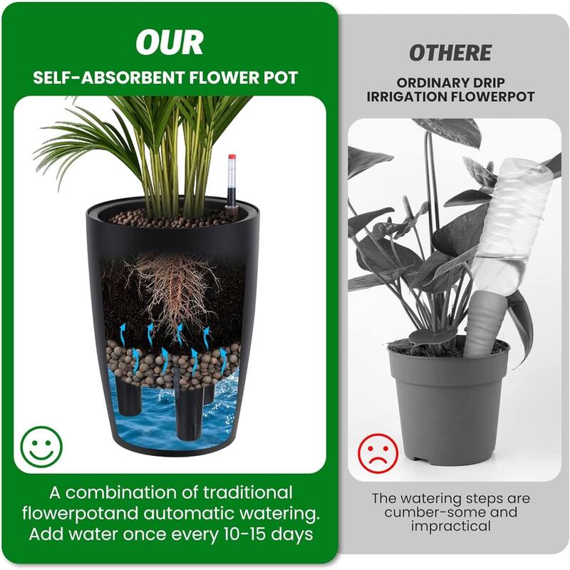 2-Pack 16Inch Tall Self-Watering Planters with Water Level Monitor and Drainage Holes Black