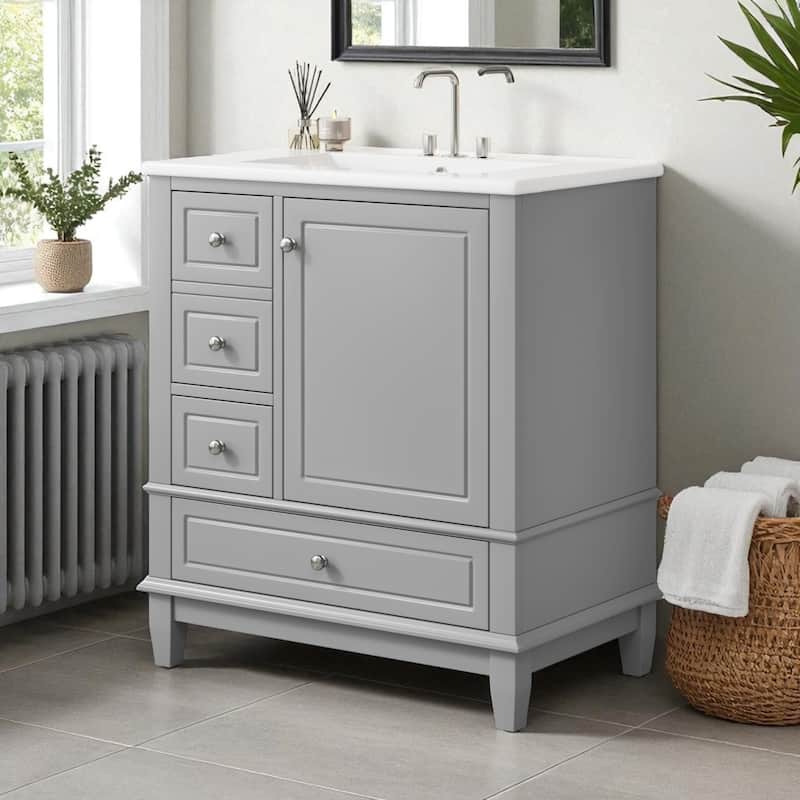 30 Inch Bathroom Vanity with Ceramic Sink, Freestanding Cabinet with 1 Door, Adjustable Shelf & 3 Drawers, Soft-Close Door - Grey