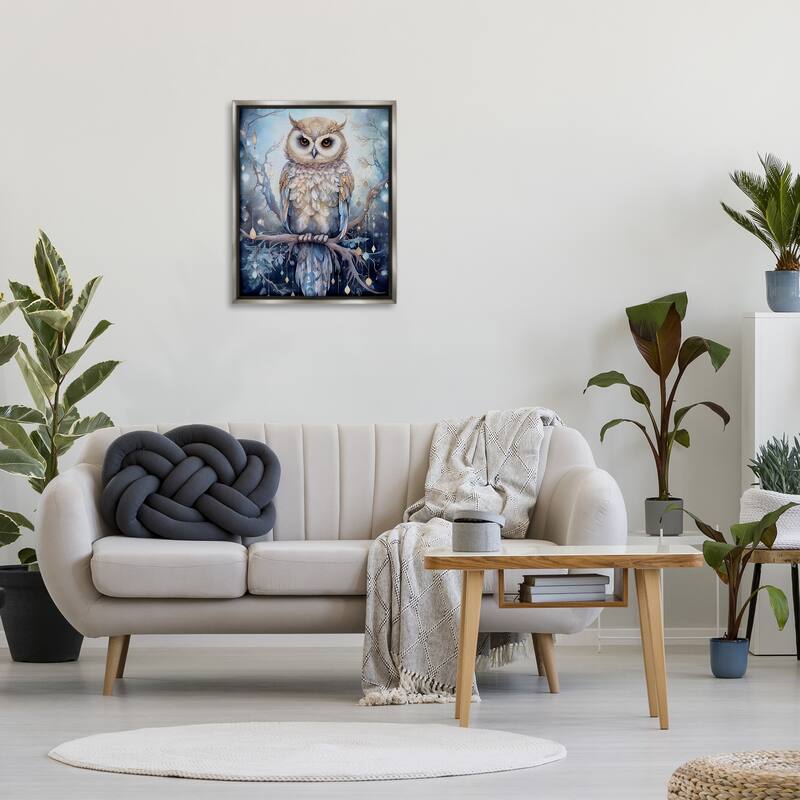 Stupell Owl on Twinkling Branch Framed Floater Canvas Wall Art Design by The Dutch Lady