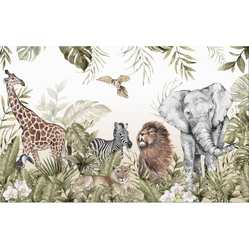 GK Wall Design Wildlife in the Tropical Jungle Safari Lion Leopard Elephant Giraffe Zebra Bird Wallpaper