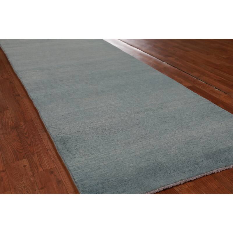 Hand Knotted Oriental 100% Wool Carpet Modern Solid Navy Blue & Blues Gabbeh Runner Rug - 9' 11'' X 2' 11''