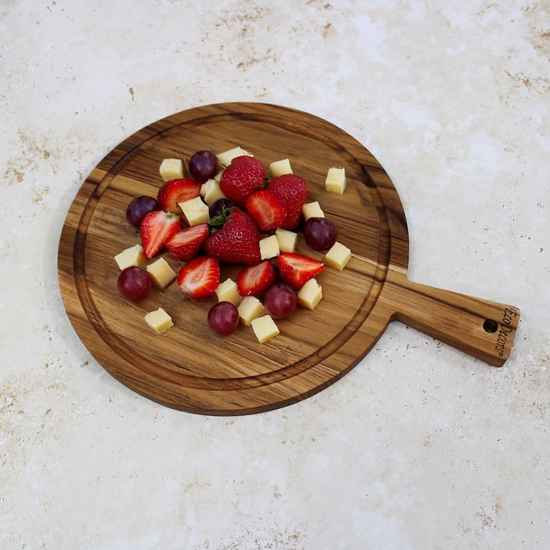 EcoDecors 16" Round Teak Cutting Board with Handle, 100% FSC Certified Solid Wood, Carving Board for Kitchen Use, Edge Grain