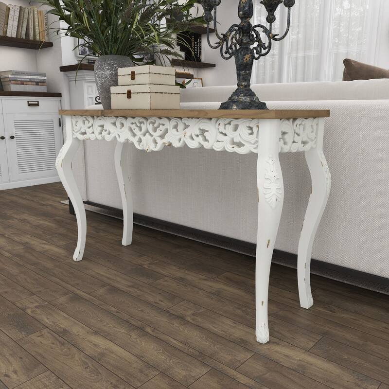 White Wood Intricately Carved Scroll Console Table with Brown Wood Top