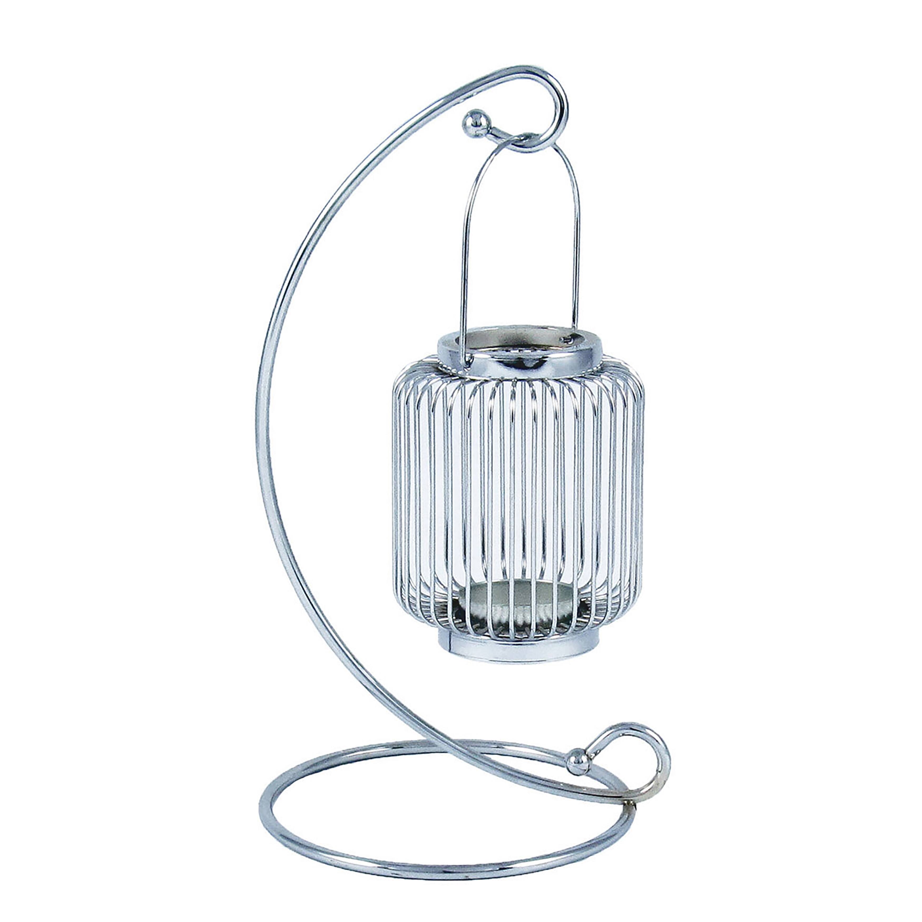 Silver Metal Hanging Lantern Candle Holder Centerpiece with Stand 12in