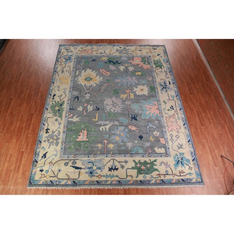 Gray Floral Oushak Indian Large Rug Handmade Wool Carpet - 11'9" x 14'11"