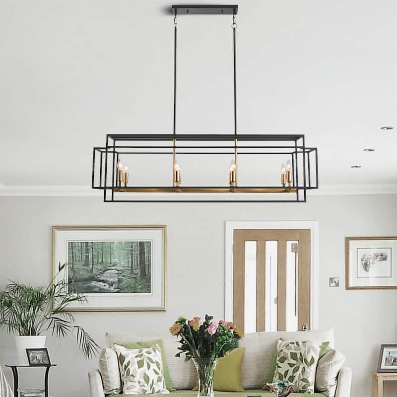 8-Light Linear Chandelier Industrial Farmhouse Kitchen Island Pendant Light Fixture with Metal Frame - Black&Gold